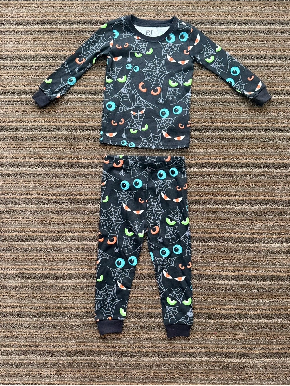 Kids Black Halloween Spiderweb Pajama Set with Colorful Eyes Glow in the Dark